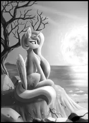 Size: 1600x2200 | Tagged: safe, artist:pony-way, derpibooru import, princess celestia, alicorn, pony, fanfic:the mare at the end of forever, beach, commission, dead tree, fanfic art, female, grayscale, horn, illustration, mare, monochrome, ocean, red giant, sad, sitting, solo, sun, tree, wings