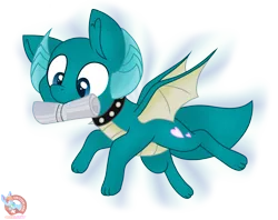 Size: 1717x1359 | Tagged: safe, artist:rainbow eevee, derpibooru import, oc, oc:puppy love, unofficial characters only, dracony, dragon, hybrid, pony, collar, cutie mark, fangs, fetch, horns, male, mouth hold, newspaper, simple background, solo, spiked collar, spread wings, transparent background, wings