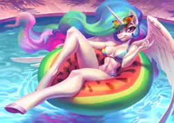 Size: 4093x2894 | Tagged: absolute cleavage, alicorn, anthro, artist:holivi, bedroom eyes, bikini, breasts, busty princess celestia, cleavage, clothes, colored hooves, commission, derpibooru import, female, floaty, food, high res, inflatable, inner tube, looking at you, mare, nail polish, pool toy, princess celestia, rainbow dash bikini, sexy, smiling, solo, solo female, stupid sexy celestia, suggestive, sunglasses, swimsuit, unguligrade anthro, water, watermelon