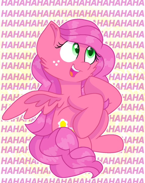 Size: 1002x1265 | Tagged: safe, artist:rainbow eevee, derpibooru import, oc, oc:bitter flower, unofficial characters only, pegasus, pony, are you kidding me, cute, cutie mark, female, freckles, hahahahahahaha, joke, laughing, offspring, open mouth, parent:big macintosh, parent:fluttershy, parents:fluttermac, pegasus oc, sitting, solo, spread wings, wings