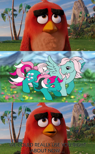 Size: 1024x1650 | Tagged: safe, derpibooru import, edit, edited screencap, screencap, fizzy, wind whistler, pegasus, pony, unicorn, angry birds, comic, crossover, dialogue, female, g1, mare, red bird, screencap comic, the angry birds movie