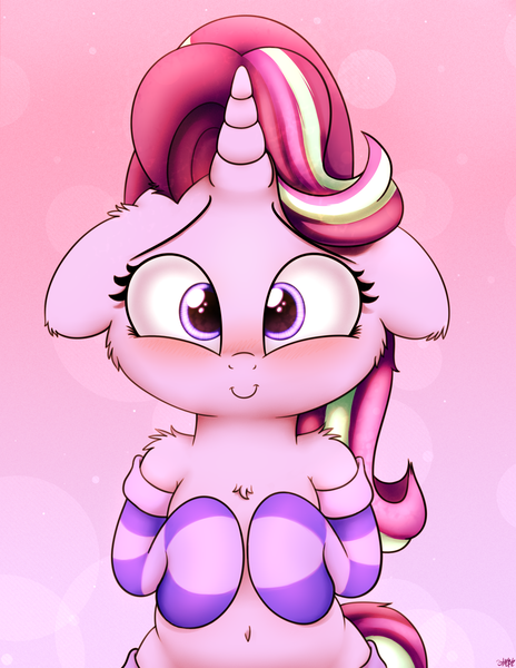 Size: 2050x2650 | Tagged: safe, artist:heavymetalbronyyeah, derpibooru import, starlight glimmer, pony, unicorn, blushing, cheek fluff, chest fluff, clothes, cute, ear fluff, female, floppy ears, glimmerbetes, high res, hooves to the chest, looking at you, mare, pink background, shoulder fluff, simple background, socks, solo, striped socks