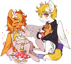 Size: 1302x1168 | Tagged: safe, artist:kitten-in-the-jar, derpibooru import, oc, oc:serenity, oc:white feather, unofficial characters only, pegasus, pony, chibi, clothes, coffee, cookie, female, flower, flower in hair, food, male, mare, marshmallow, self ponidox, serenither, simple background, sleeping, socks, stallion, sweater, transparent background