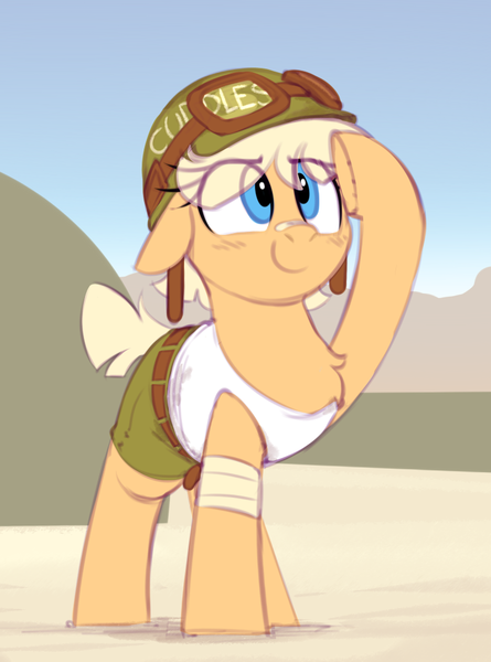 Size: 757x1020 | Tagged: safe, artist:shinodage, derpibooru import, edit, oc, oc:oasis (shino), unofficial characters only, earth pony, pony, bandage, bandaid, cute, female, helmet, military, nostrils, nostrils edit, not applejack, salute, solo