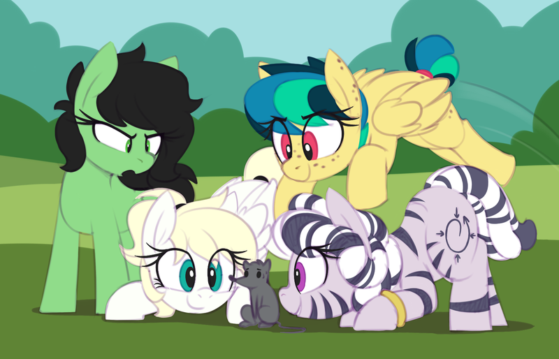 Size: 1517x974 | Tagged: safe, artist:shinodage, derpibooru import, edit, oc, oc:anonfilly, oc:apogee, oc:houston, oc:luftkrieg, oc:zala, unofficial characters only, earth pony, pegasus, pony, rat, zebra, eye clipping through hair, face down ass up, female, filly, filly four, freckles, jewelry, nostrils edit, pet, playing, pounce, quadrupedal, sweat, sweatdrop, tail wrap, zebra oc