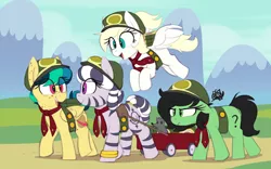 Size: 2202x1371 | Tagged: safe, artist:shinodage, derpibooru import, edit, oc, oc:anonfilly, oc:apogee, oc:houston, oc:luftkrieg, oc:zala, unofficial characters only, earth pony, pegasus, pony, rat, zebra, blank flank, female, filly, filly four, filly guides, filly scouts, nostrils edit, pegasus oc, wings, zebra oc
