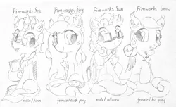 Size: 2356x1432 | Tagged: safe, artist:fireworks sea, derpibooru import, oc, oc:fireworks sea, oc:fireworks sky, oc:fireworks snow, oc:fireworks sun, alicorn, bat pony, earth pony, kirin, pony, alicorn oc, bat pony oc, bat wings, female, horn, kirin oc, looking at each other, male, mare, skysun, traditional art, wings