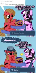 Size: 800x1602 | Tagged: safe, artist:thedragenda, derpibooru import, oc, oc:ace, oc:pun, earth pony, pony, ask pun, ask, ask-acepony, cake, female, food, mare, pride