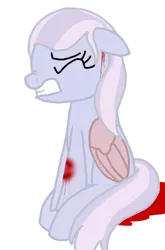 Size: 720x1088 | Tagged: semi-grimdark, derpibooru import, oc, oc:cloud dasher, unofficial characters only, pegasus, pony, artificial wings, augmented, bite mark, bleeding, blood, crying, female, floppy ears, in pain, injured, mare, metal wing, nose wrinkle, simple background, sitting, solo, suggestive description, tears of pain, teary eyes, transparent background, wings