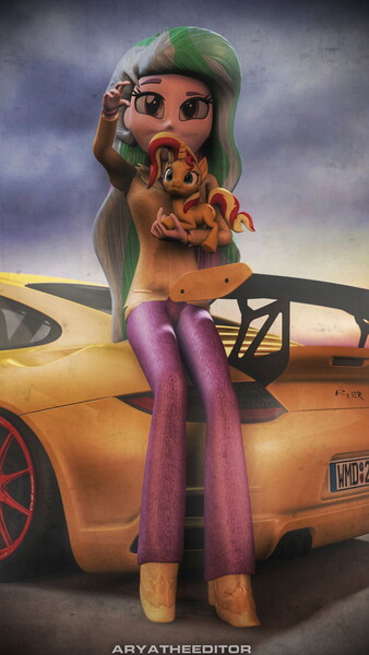 Size: 2160x3840 | Tagged: safe, artist:aryatheeditor, derpibooru import, princess celestia, sunset shimmer, pony, unicorn, equestria girls, 3d, bust, car, cloud, cloudy, holding a pony, photo, photoshop, porsche, porsche 911, portrait, principal celestia, sitting, source filmmaker, sunset, vehicle, vignette, wallpaper