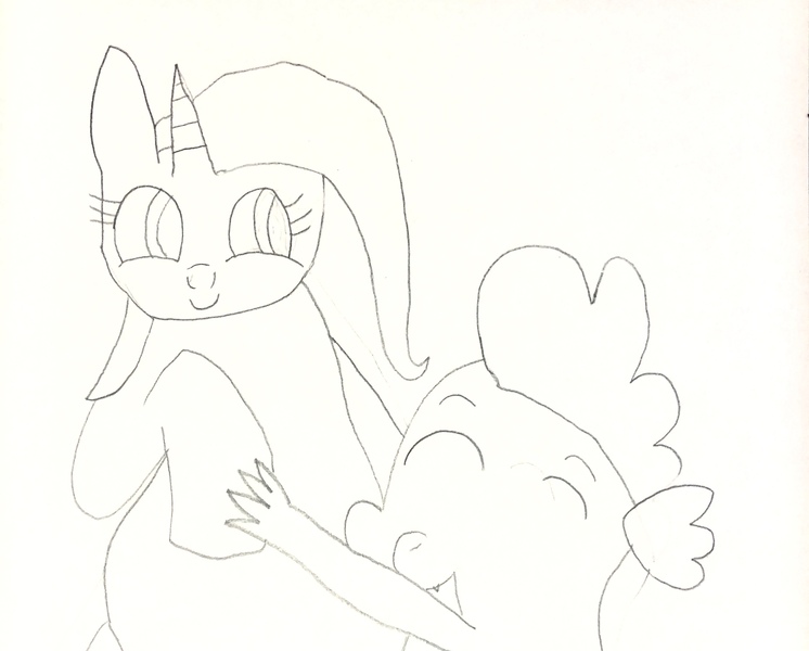 Size: 3024x2432 | Tagged: safe, artist:undeadponysoldier, derpibooru import, spike, trixie, dragon, pony, unicorn, cute, daaaaaaaaaaaw, diatrixes, drawn with reference, female, happy, hug, male, mare, shipping, spixie, straight, traditional art