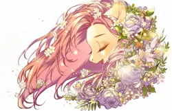 Size: 1580x1024 | Tagged: safe, artist:xieyanbbb, derpibooru import, fluttershy, pegasus, pony, beautiful, bust, eyes closed, female, flower, flower in hair, mare, open mouth, portrait, profile, simple background, solo, white background