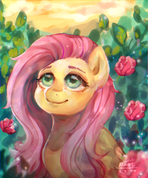 Size: 1250x1500 | Tagged: safe, artist:riukime, derpibooru import, fluttershy, pegasus, pony, bust, cute, female, flower, folded wings, looking up, mare, outdoors, rose, shyabetes, solo, three quarter view, traditional art, wings