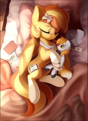Size: 2460x3370 | Tagged: safe, artist:ifmsoul, derpibooru import, oc, oc:serenity, oc:white feather, unofficial characters only, pegasus, pony, bed, bracelet, commission, female, flower, flower in hair, high res, jewelry, lying down, male, mare, married couple, necklace, notebook, oc x oc, paper, plushie, ring, serenither, shipping, straight, wedding ring
