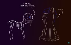Size: 922x590 | Tagged: safe, artist:quint-t-w, derpibooru import, oc, oc:silly words, unofficial characters only, original species, pony, sabertooth pony, bone, dialogue, fangs, glowing eyes, gradient background, implied time travel, looking at each other, minimalist, modern art, old art, self paradox, sharp teeth, shocked, sitting, skeleton, teeth, unshorn fetlocks
