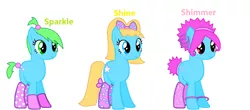 Size: 1548x680 | Tagged: safe, artist:paramagurumaster, derpibooru import, ponified, earth pony, pony, bracelet, clothes, crossover, female, jewelry, mare, shimmer, shine, shoes, sparkle, trio, wow wow wubbzy, wubb girls