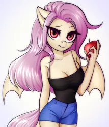 Size: 2742x3200 | Tagged: safe, artist:yutakira92, derpibooru import, fluttershy, anthro, bat pony, pegasus, apple, bat ponified, beautiful, big breasts, bitten apple, breasts, busty fluttershy, cleavage, clothes, denim shorts, female, flutterbat, food, lidded eyes, mare, race swap, red eyes, seductive, seductive pose, sexy, shorts, solo, sultry pose