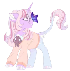 Size: 1024x1041 | Tagged: safe, artist:azure-art-wave, derpibooru import, oc, oc:pristine, butterfly, pony, unicorn, clothes, female, glasses, mare, simple background, solo, sweater, transparent background