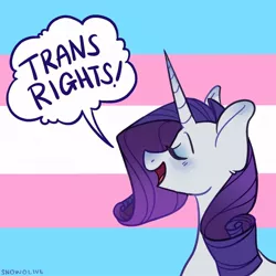 Size: 1024x1024 | Tagged: safe, artist:snowolive, derpibooru import, rarity, pony, unicorn, eyes closed, eyeshadow, female, makeup, mare, mouthpiece, open mouth, positive ponies, pride, pride flag, solo, trans rights, transgender, transgender pride flag