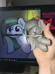 Size: 3024x4032 | Tagged: safe, artist:ljdamz1119, artist:shuxer59, derpibooru import, marble pie, earth pony, pony, craft, cyrillic, female, hand, irl, mare, minecraft, monitor, mouth hold, pentagram, photo, pickaxe, russian, sculpture, torch