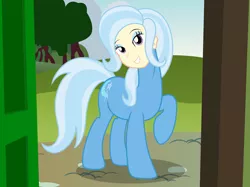 Size: 3163x2372 | Tagged: safe, artist:badumsquish, derpibooru import, trixie, human head pony, monster pony, original species, pony, cursed image, doorway, eyeshadow, female, grin, human face, looking at you, makeup, my horse prince, raised hoof, smiling, solo, species swap, tardy the man pony, wat