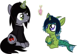 Size: 1826x1270 | Tagged: safe, artist:lightningbolt, derpibooru import, oc, oc:demon hellspawn, ponified, ponified:kellin quinn, fish, half-siren, hybrid, pony, unicorn, .svg available, baby, clothes, colored hooves, colt, curved horn, disguise, disguised siren, duo, eyes on the prize, fangs, fins, fish tail, glowing horn, hair over one eye, happy, horn, jewelry, leviathan cross, long sleeves, magic, magical gay spawn, male, necklace, offspring, open mouth, scales, shirt, simple background, sitting, sleeping with sirens, slit eyes, stallion, svg, transparent background, vector