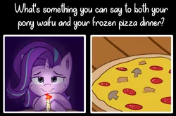 Size: 3763x2479 | Tagged: safe, artist:artiks, derpibooru import, starlight glimmer, pony, unicorn, candle, female, food, mare, meat, meme, mushroom, pepperoni, pepperoni pizza, pizza, solo