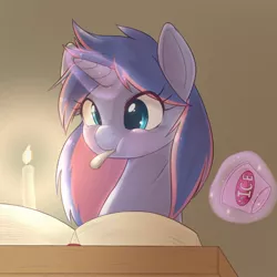 Size: 1536x1536 | Tagged: safe, artist:kurogewapony, derpibooru import, oc, oc:slowly flame, pony, unicorn, book, candle, cute, female, food, ice cream, levitation, magic, mare, not twilight sparkle, solo, telekinesis