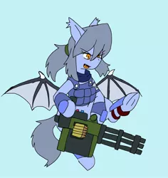 Size: 1935x2048 | Tagged: safe, alternate version, artist:omegapony16, derpibooru import, oc, oc:oriponi, unofficial characters only, bat pony, pony, armor, bat pony oc, bat wings, colored, female, frog (hoof), grin, gun, hoof hold, mare, open mouth, simple background, smiling, solo, underhoof, weapon, wings