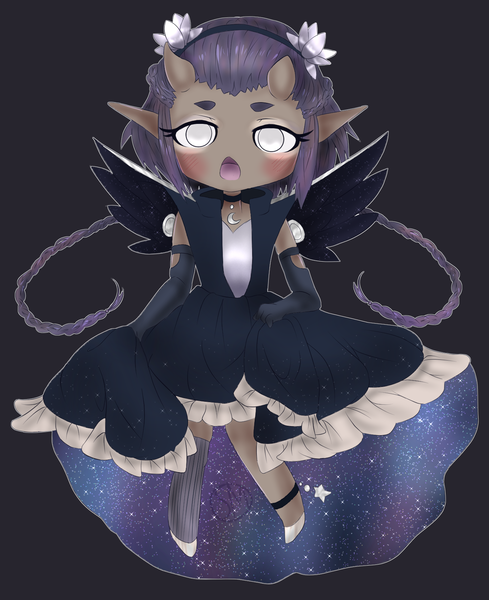 Size: 1350x1656 | Tagged: anklet, armor, artist:sinamuna, art trade, blushing, braid, chestplate, chibi, choker, clothes, crescent moon, dark skin, derpibooru import, dress, elf ears, eyebrows, eyeshadow, female, flower, galaxy, gloves, headband, horns, human, humanized, humanized oc, humanoid, jewelry, long hair, makeup, moon, oc, oni, open mouth, personification, pony to human, purple background, purple hair, safe, short hair, silver eyes, simple background, skirt, skirt lift, solo, space, stars, unofficial characters only, white eyes, winged humanization, wings