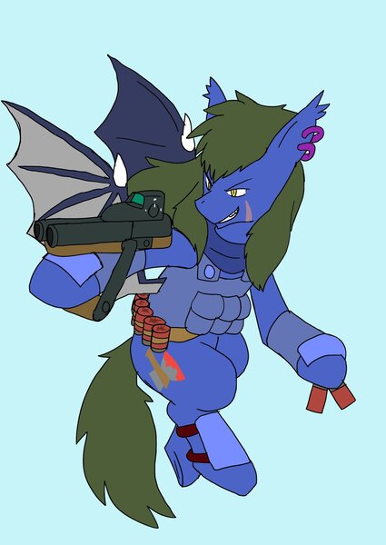 Size: 1451x2048 | Tagged: safe, artist:omegapony16, derpibooru import, oc, oc:oriponi, unofficial characters only, bat pony, pony, armor, bat pony oc, bat wings, bipedal, clothes, ear piercing, earring, grin, gun, jewelry, male, piercing, scar, simple background, smiling, soldier, solo, stallion, vest, weapon, wings