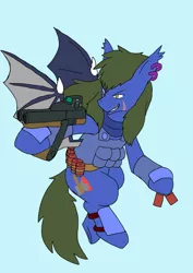 Size: 1451x2048 | Tagged: safe, artist:omegapony16, derpibooru import, oc, oc:oriponi, unofficial characters only, bat pony, pony, armor, bat pony oc, bat wings, bipedal, clothes, ear piercing, earring, grin, gun, jewelry, male, piercing, scar, simple background, smiling, soldier, solo, stallion, vest, weapon, wings