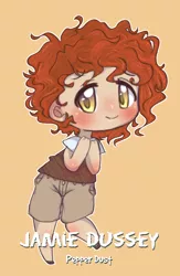 Size: 748x1145 | Tagged: artist:sinamuna, au:equuis, blushing, chibi, clothes, curly hair, derpibooru import, human, humanized, male, messy hair, oc, oc:jamie dussey, oc:pepper dust, orange hair, personification, purple eyes, red hair, redhead, safe, schoolboy, shorts, shy, smiling, sweater vest, trap, unofficial characters only, yellow eyes