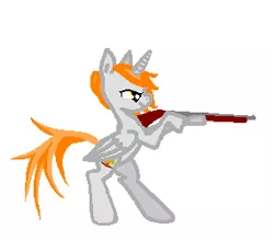 Size: 285x251 | Tagged: safe, artist:agdistis, derpibooru import, oc, oc:ginger peach, unofficial characters only, alicorn, alicorn oc, green eyes, gun, horn, orange hair, simple background, weapon, white background, wings