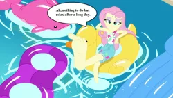 Size: 1280x720 | Tagged: safe, derpibooru import, edit, edited screencap, screencap, fluttershy, equestria girls, equestria girls series, i'm on a yacht, spoiler:eqg series (season 2), barefoot, clothes, feet, floaty, flutterfeet, foot focus, pool toy, relaxed, shorts, smiling, soles, solo, speech bubble, swimming pool, text, toes, water, wiggle, wiggling toes