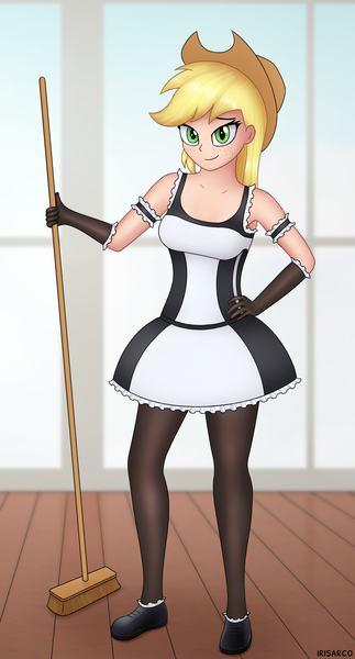 Size: 1421x2640 | Tagged: applejack, armpits, artist:irisarco, bedroom eyes, breasts, broom, busty applejack, clothes, cowboy hat, cute, derpibooru import, female, freckles, gloves, hat, human, humanized, looking at you, maid, room, safe, shoes, skirt, smiling, socks, solo, standing, stetson, thigh highs, window