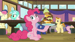 Size: 640x360 | Tagged: safe, derpibooru import, edit, edited screencap, screencap, bon bon, fluttershy, golden crust, lyra heartstrings, midnight snack (character), pinkie pie, sweetie drops, earth pony, pegasus, pony, unicorn, a trivial pursuit, animated, bedroom eyes, chubbie pie, chubby, cupcake, cute, dain-app, diapinkes, faic, fat, food, friendship student, gif, grin, pinkie being pinkie, pudgy pie, smiling, stuffed, stuffing, that pony sure does love eating, weight gain