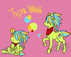 Size: 1000x800 | Tagged: safe, artist:lavvythejackalope, derpibooru import, oc, oc:tidal wave, unofficial characters only, earth pony, pony, :o, baby, baby pony, bracelet, clothes, earth pony oc, eyes closed, jewelry, open mouth, raised hoof, reference sheet, scarf, simple background, sitting, text, underhoof