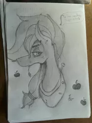 Size: 2448x3264 | Tagged: safe, artist:awesomedude14, derpibooru import, applejack, earth pony, pony, monochrome, solo, text bubbles, traditional art