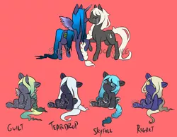 Size: 1800x1400 | Tagged: safe, artist:lavvythejackalope, derpibooru import, oc, oc:finglefangle, oc:guilt, oc:mourning, oc:skyfall, oc:teardrop, unofficial characters only, alicorn, earth pony, pony, unicorn, :o, alicorn oc, baby, baby pony, braid, colored hooves, crying, earth pony oc, eyes closed, horn, offspring, open mouth, raised hoof, reference sheet, simple background, sitting, text, underhoof, unicorn oc, wings