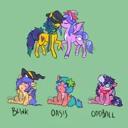 Size: 1600x1600 | Tagged: safe, artist:lavvythejackalope, derpibooru import, oc, oc:blink, oc:oasis (yuki katseratsu), oc:oddball, oc:teapot, unofficial characters only, earth pony, pegasus, pony, unicorn, :o, baby, baby pony, clothes, earth pony oc, eyes closed, hat, horn, open mouth, pegasus oc, raised hoof, reference sheet, scarf, simple background, sitting, text, underhoof, unicorn oc, wings, witch hat