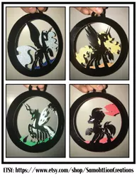 Size: 2550x3300 | Tagged: safe, artist:samoht-lion, derpibooru import, daybreaker, nightmare moon, queen chrysalis, tempest shadow, alicorn, changeling, changeling queen, pony, unicorn, broken horn, craft, eye scar, female, hand, horn, irl, mare, open mouth, papercraft, photo, raised hoof, scar, traditional art