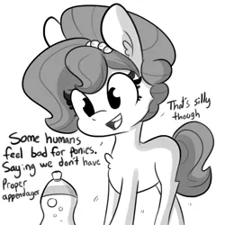 Size: 1080x1080 | Tagged: safe, artist:tjpones, derpibooru import, part of a set, oc, oc:brownie bun, unofficial characters only, earth pony, pony, chest fluff, dialogue, female, grayscale, mare, monochrome, open mouth, simple background, solo, white background