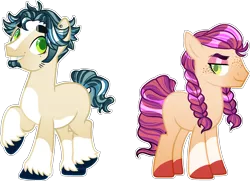 Size: 2545x1844 | Tagged: safe, artist:seasaltsailor, derpibooru import, oc, oc:goldspur apple, oc:jonagold apple, unofficial characters only, earth pony, pony, base used, blank flank, blaze (coat marking), brother and sister, duo, ear piercing, eyeshadow, facial hair, female, fraternal twins, freckles, goatee, makeup, male, offspring, pale belly, parent:big macintosh, parent:coloratura, parents:raramac, piercing, siblings, sideburns, simple background, socks (coat marking), thick eyebrows, transparent background, unshorn fetlocks