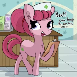 Size: 2160x2160 | Tagged: safe, artist:tjpones, derpibooru import, oc, oc:bubbly joy, unofficial characters only, earth pony, pony, chest fluff, commission, dialogue, female, hat, mare, nurse, nurse hat, raised hoof, solo