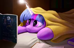 Size: 1500x988 | Tagged: safe, artist:gouransion, derpibooru import, twilight sparkle, pony, bed, blanket, book, cozy, female, light spell, magic, mare, prone, reading, smiling, solo