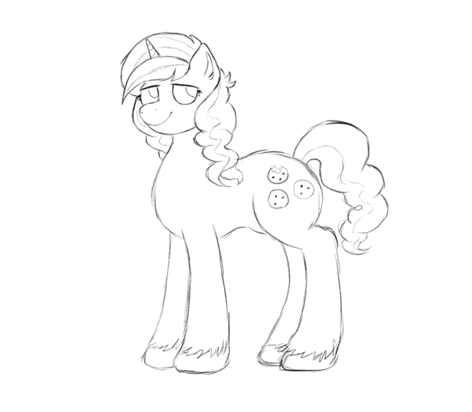 Size: 1089x951 | Tagged: safe, artist:anonymous, artist:happyartfag, derpibooru import, sweet biscuit, pony, unicorn, /mlp/, 4chan, cute, drawthread, looking at you, monochrome, simple background, solo, white background