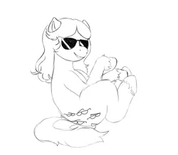 Size: 1089x951 | Tagged: safe, artist:anonymous, artist:happyartfag, derpibooru import, shady, earth pony, pony, /mlp/, 4chan, curled up, drawthread, monochrome, smiling, solo, sunglasses