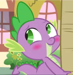 Size: 926x941 | Tagged: safe, derpibooru import, screencap, spike, dragon, honest apple, bashful, blushing, carrying, cropped, cute, fangs, male, solo, spikabetes