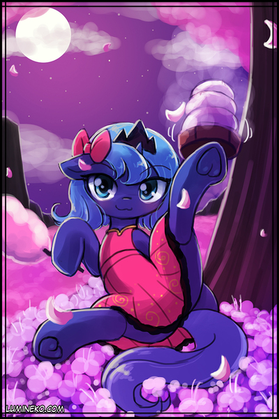 Size: 750x1125 | Tagged: artist:lumineko, blushing, clothes, cute, derpibooru import, dress, female, filly, filly luna, heart, heart hoof, looking at you, lumineko is trying to murder us, lunabetes, lunar new year, princess luna, s1 luna, safe, solo, spreading, spread legs, sweet dreams fuel, woona, younger